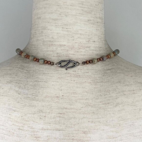 Sterling Silver 925 Floral Flower Bronze Green Glass Beaded Necklace 19.5" - Picture 4 of 16